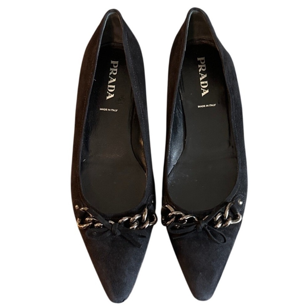 Vintage Prada Black Suede Chain Bow Pointed Toe Flats 37.5